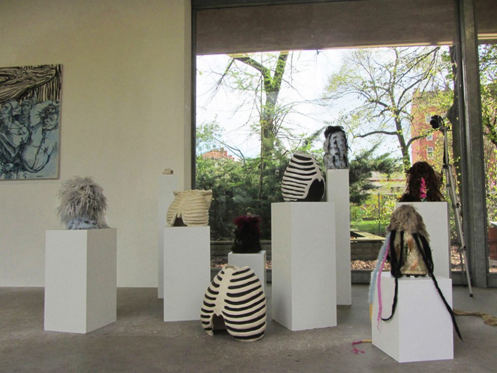 Feather objects, Silvia Nettekoven, exhibition view in combination with objects of Heike Hamann.